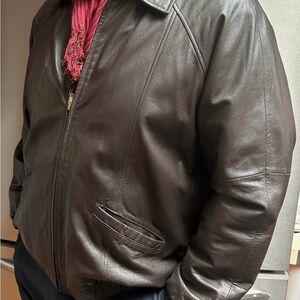Men's Brown Leather Bomber Jacket - Classic Zip Front